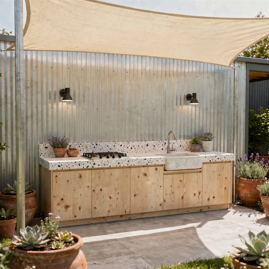 Nail Cozy Modern with Corrugated Metal and Terrazzo Tile