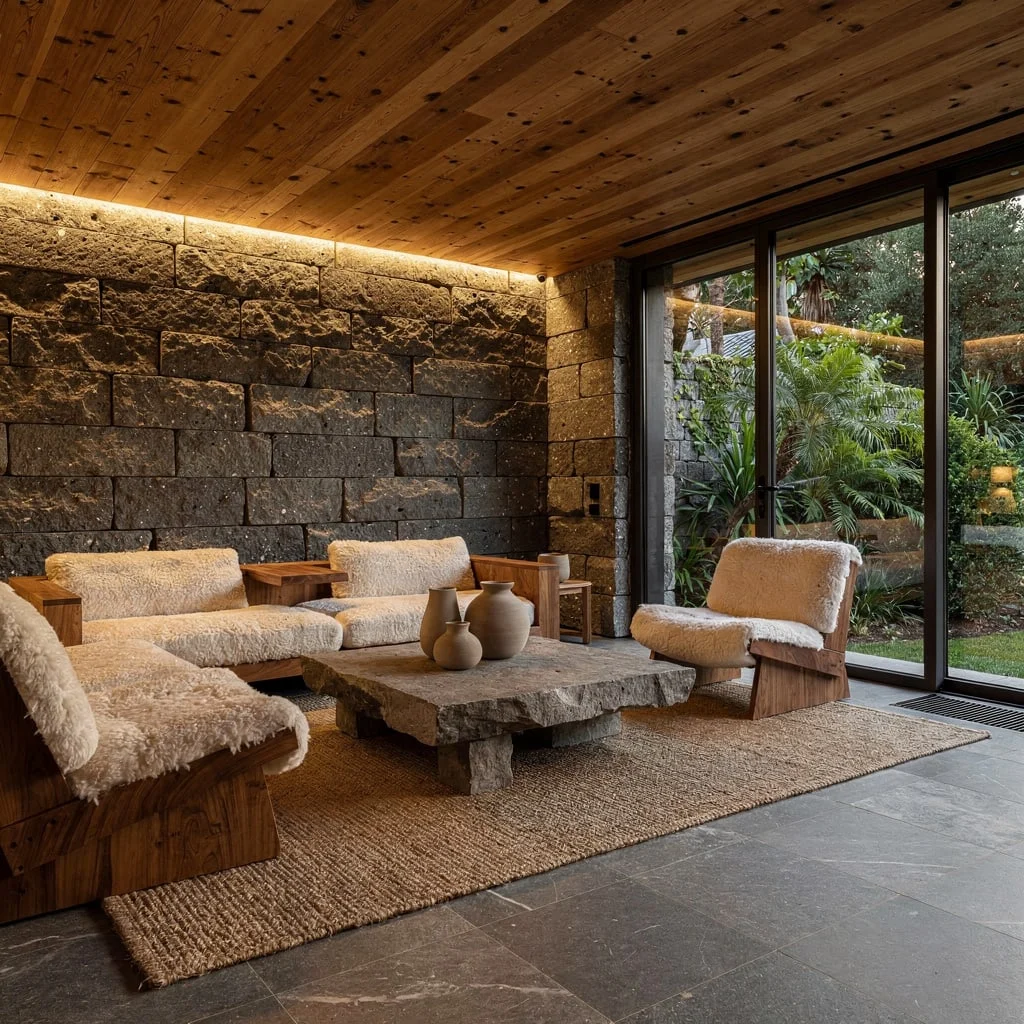 Juxtapose Basalt Walls With Teak, Shearling, and Jute