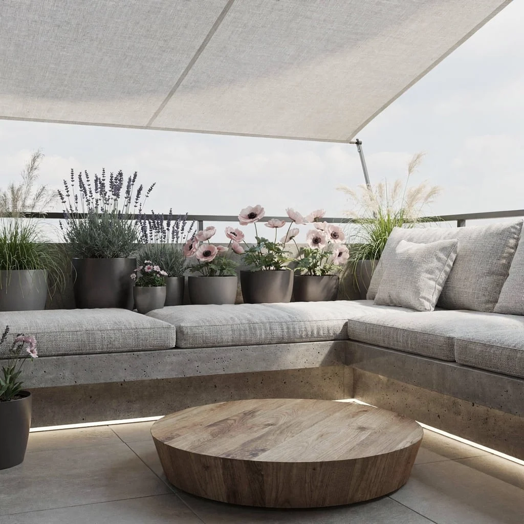 Minimalist Zen: Cantilevered Benches, Graphite Pots, and Linen Luxe