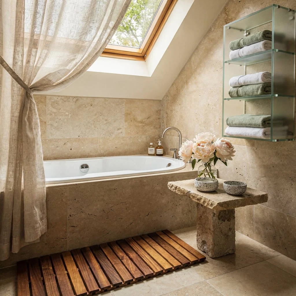 Soak Like Royalty With Skylight Drama and Travertine