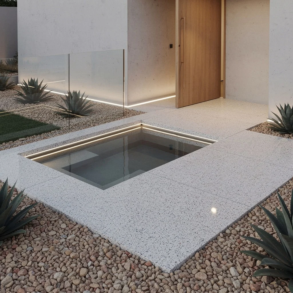 Courtyard Cool: Reflecting Pool and Terrazzo Pathways