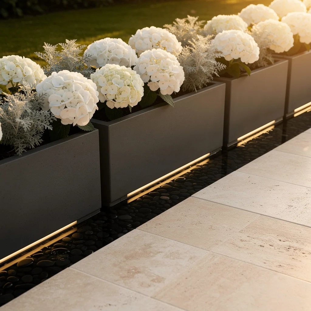 Gallery Lines: Charcoal Planters with Black Pebble Pools