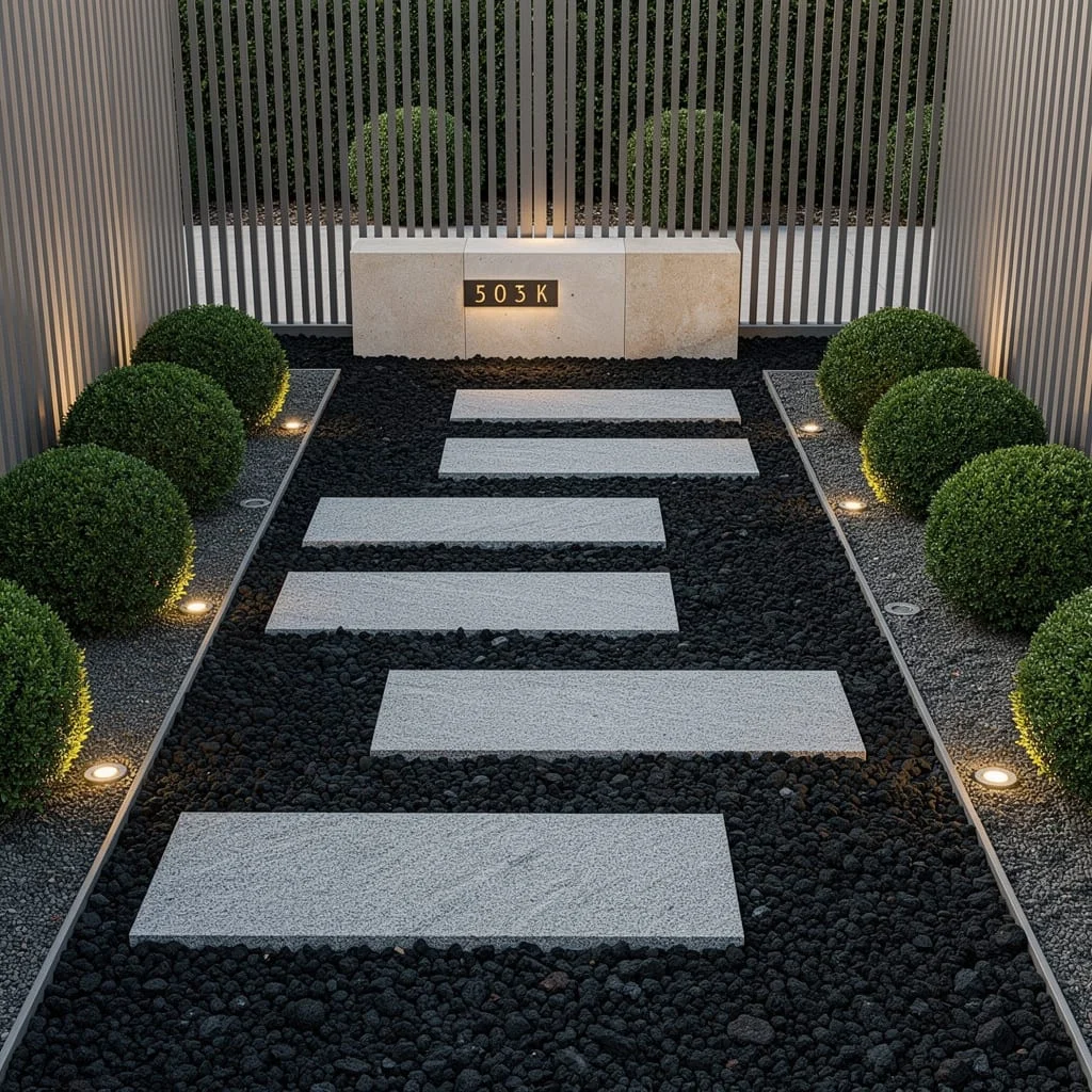 Quartzite Stepping Slabs: Volcanic Gravel and Myrtle Spheres