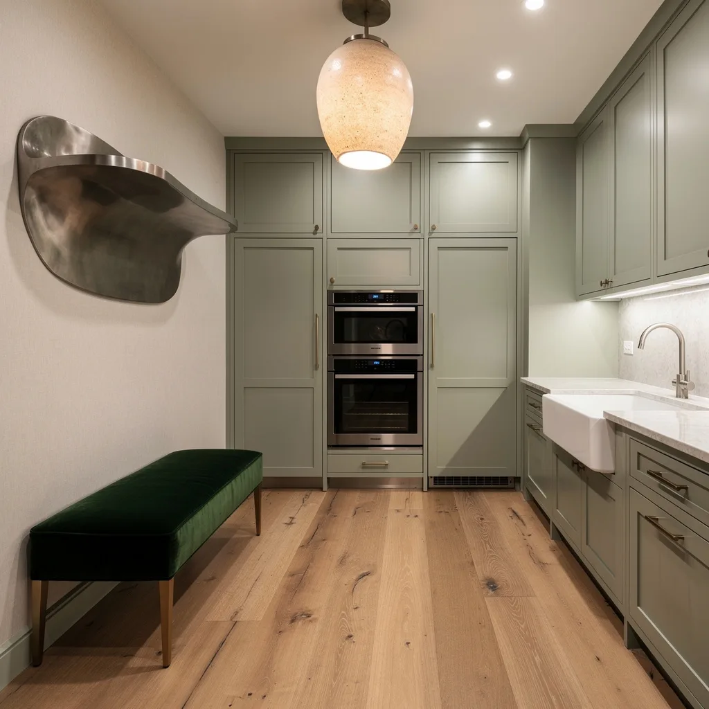 Sage Advice: Hardwood, Green Cabinetry, and Velvet Benches for Days