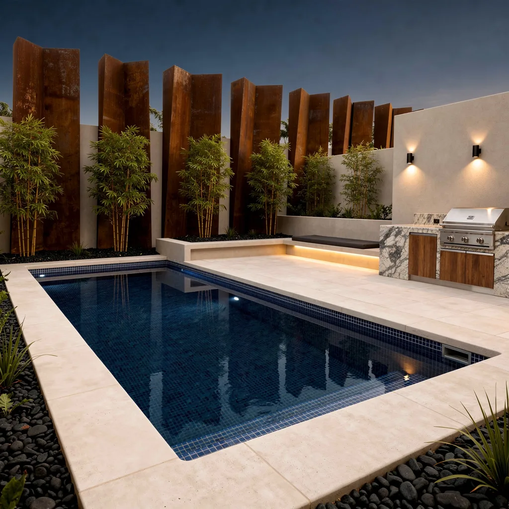 Modern Retreat: Blue Mosaic & Corten Steel Savagery