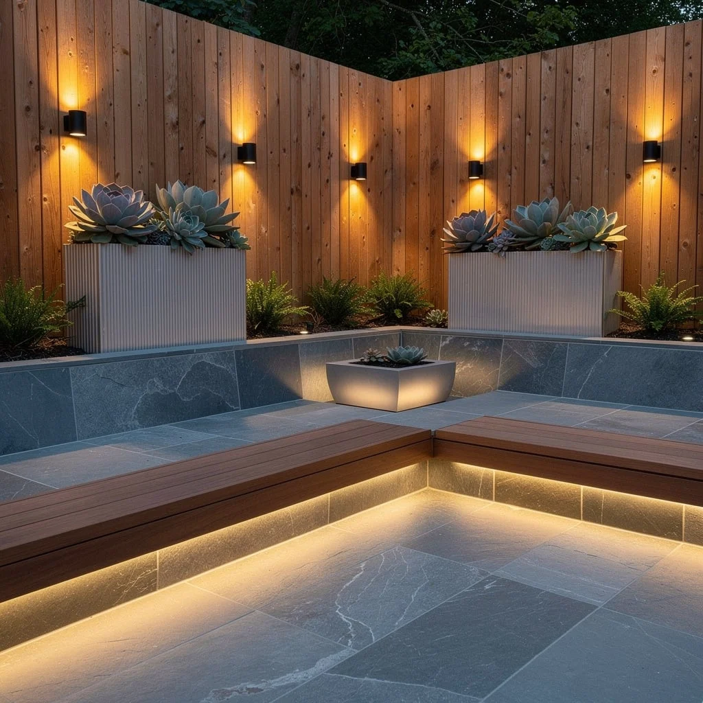 Bluestone, Bi-Color Benches & Sconce Drama