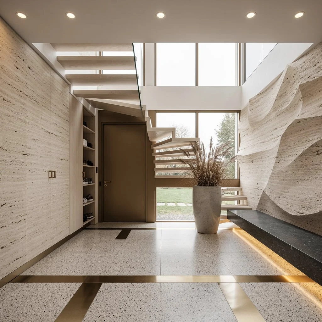 Double-Height Drama: Travertine, Brass, & Floating Stairs