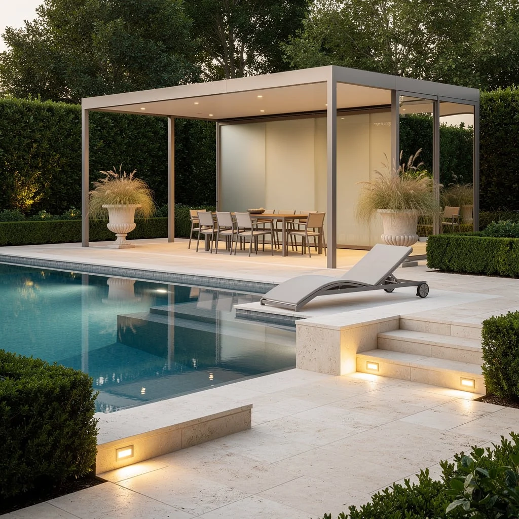 Courtyard Cool: Limestone, Geometric, and Pavilion Perfection