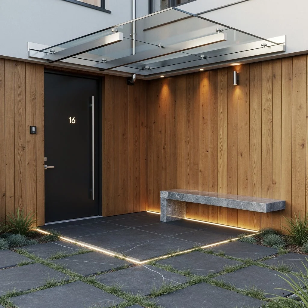 Glass Awning, Cedar Wall—Welcome to Modern Porch Power