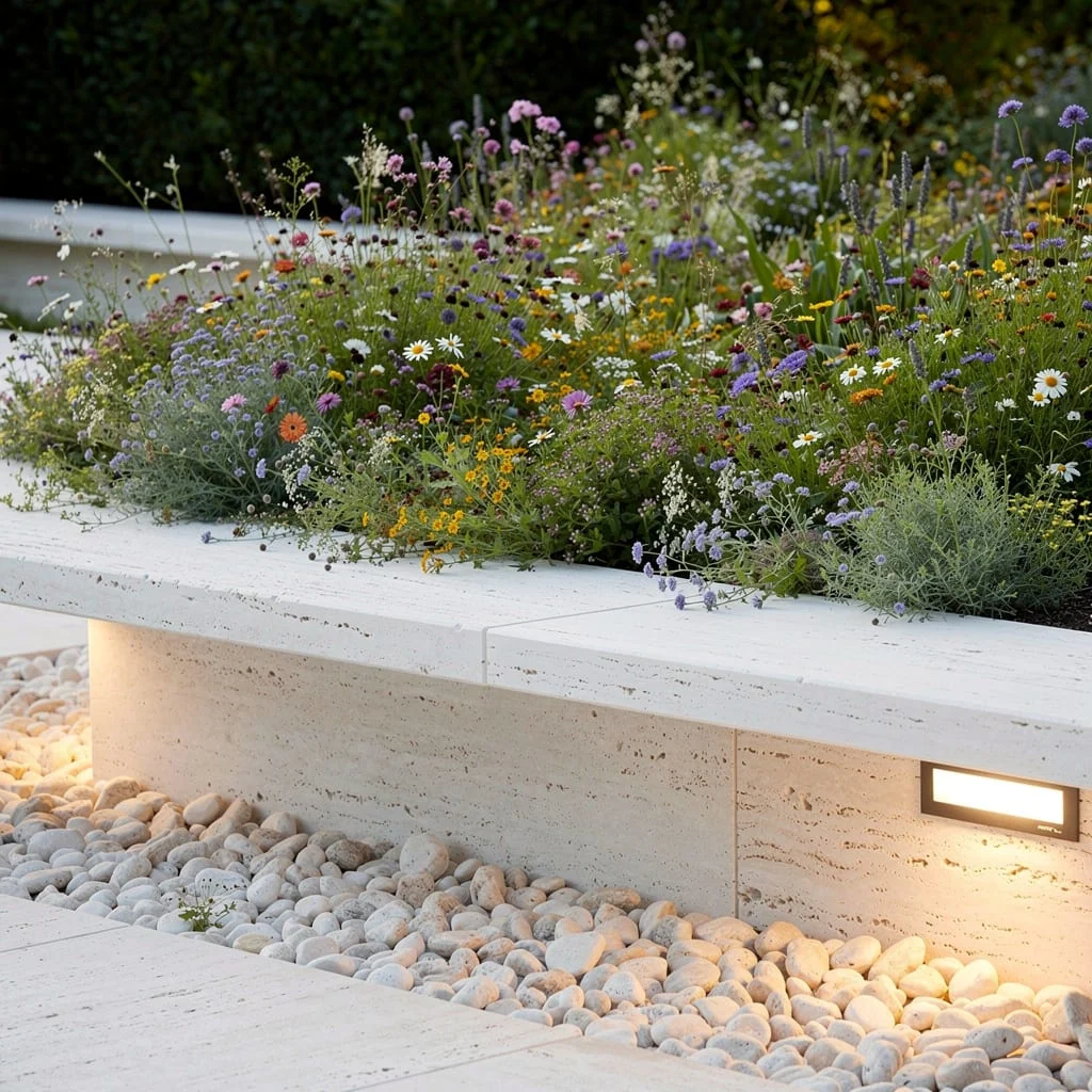 White Travertine + River Pebbles = Sunlit Courtyard Chic
