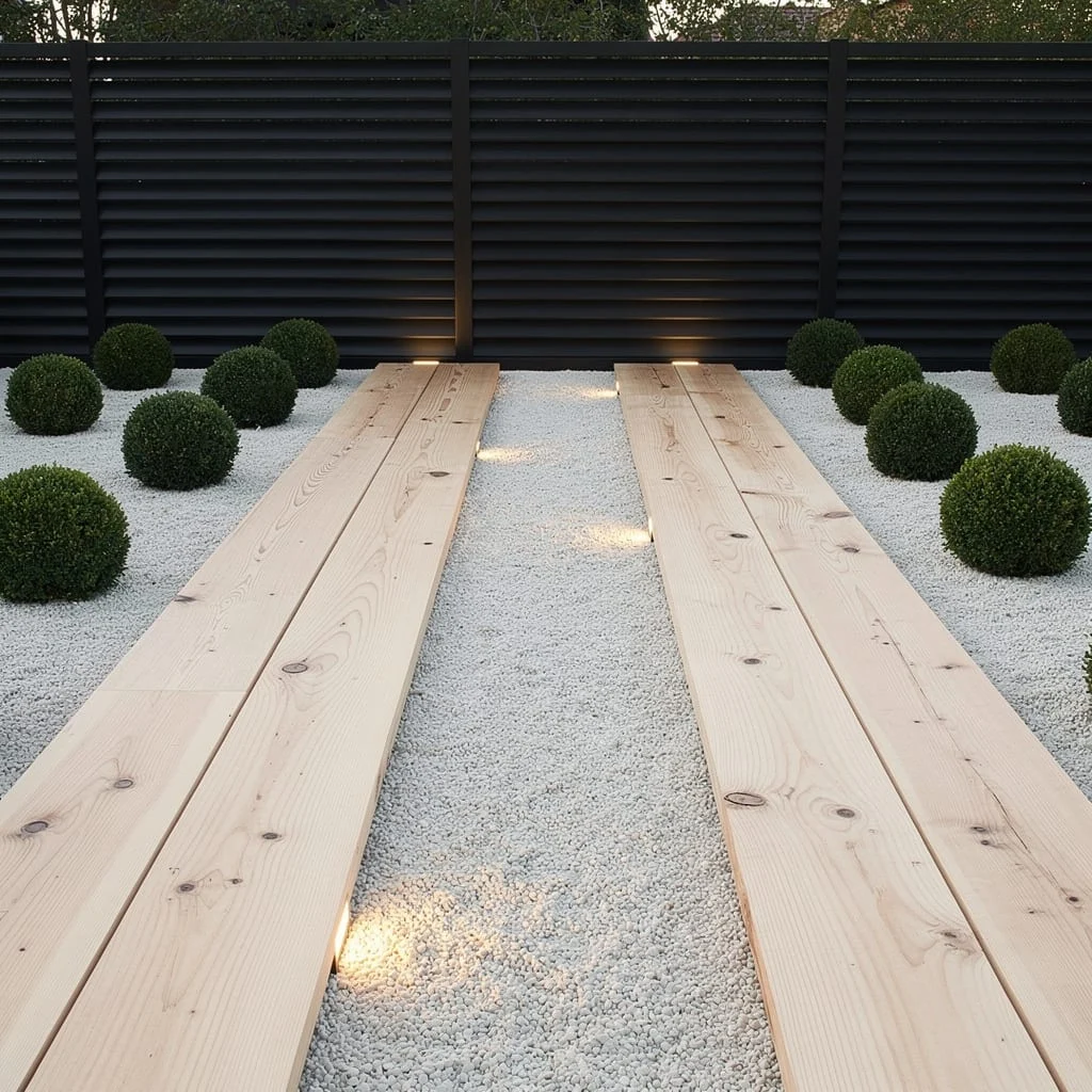Timber Twins: Parallel Walkways and Boxwood Spheres