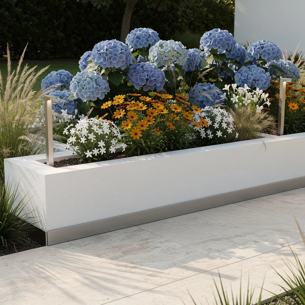 Stucco Chic: Blue Blooms & Stainless Steel for Instant Freshness