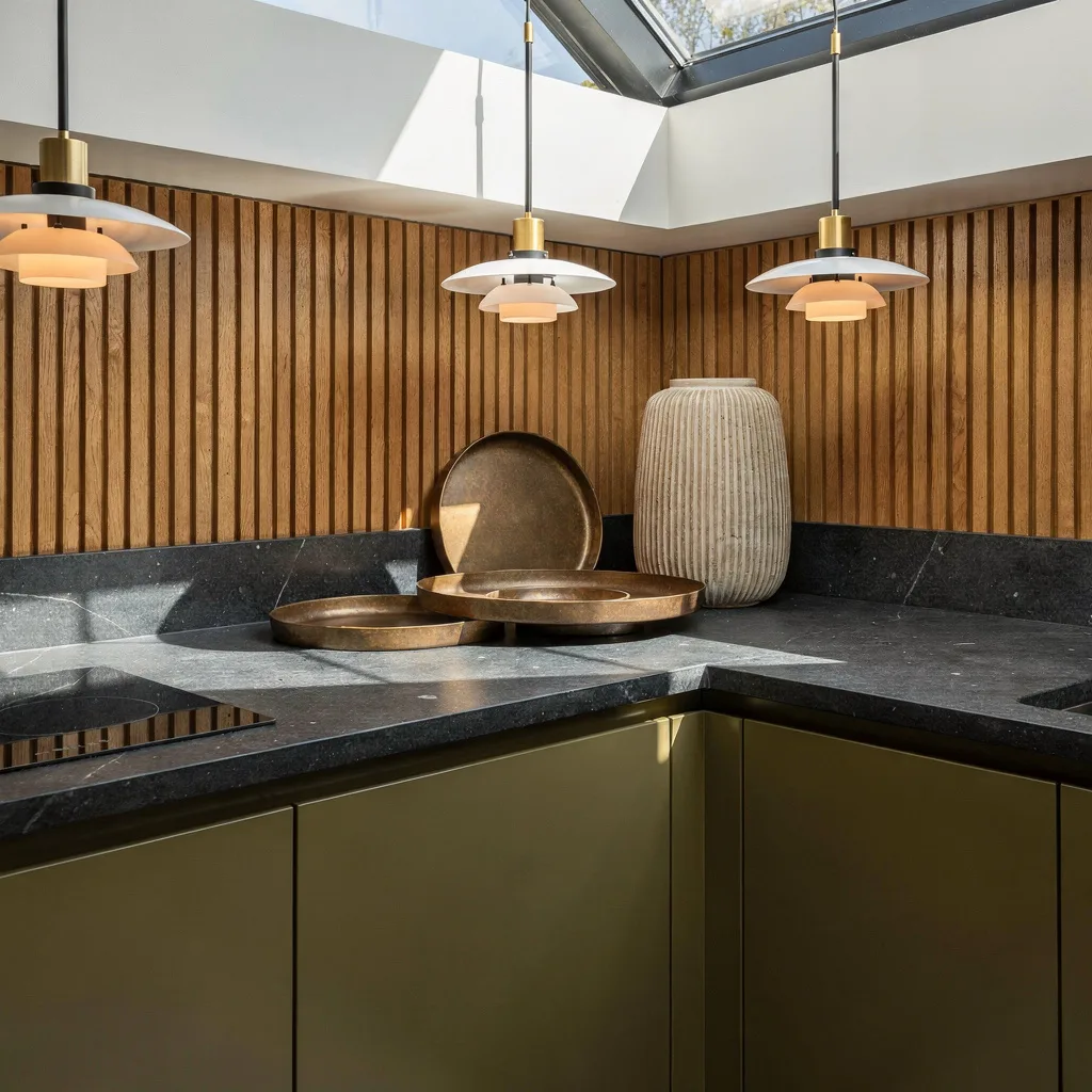 Earthy Richness: Basalt Stone, Olive Cabinets, and Bronze Bling