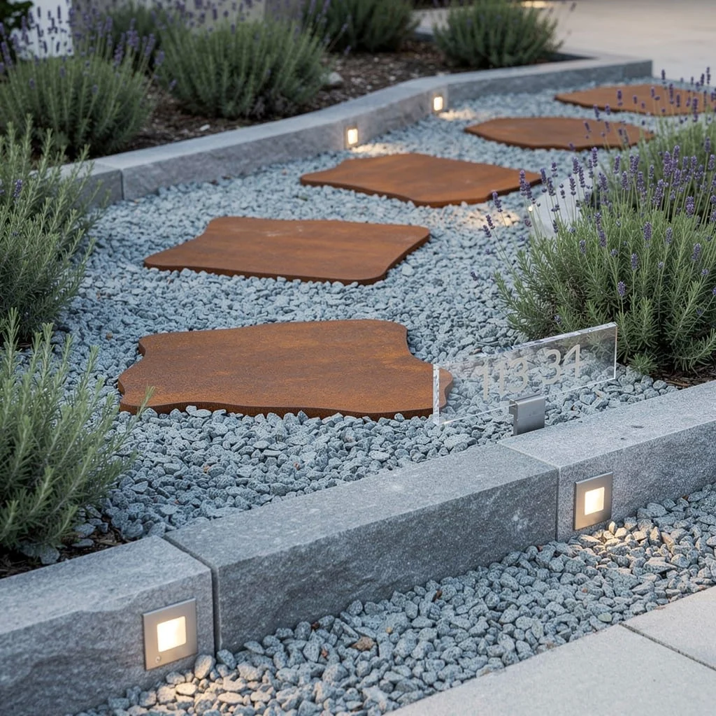 Corten Plates and Gravel: Acrylic Address Flex
