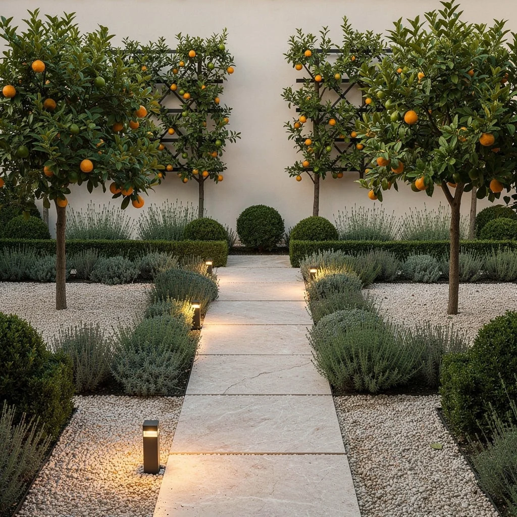 Orchard Row: Espalier Citrus and Aromatic Walks