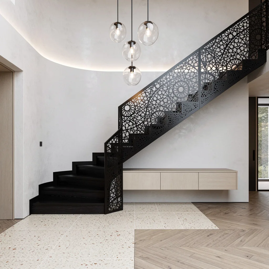 Split-Level Swag: Larch, Matte Black, and Herringbone Floors