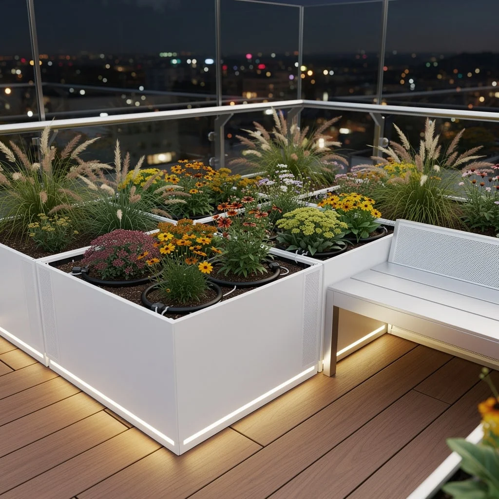 Rooftop Modular Madness: White Planters And Drip Systems