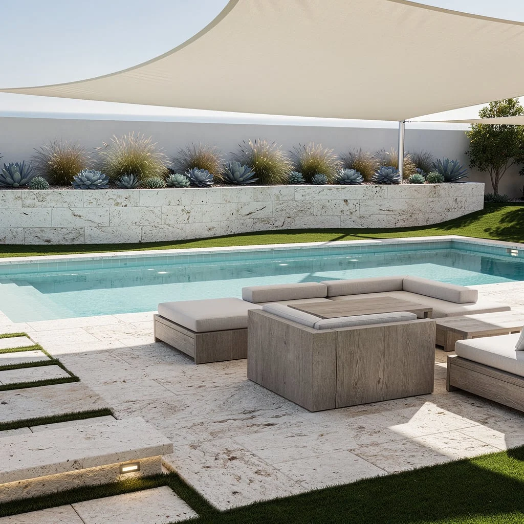 Coastal Luxe: Aqua Tiles, Limestone Paving, and Turf Swag