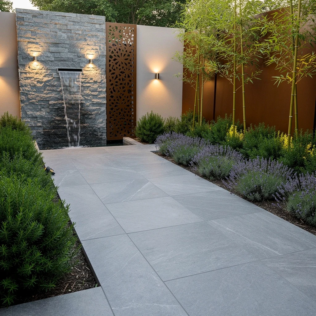 Spa Vibes: Porcelain Tiles & Cascading Water Wall