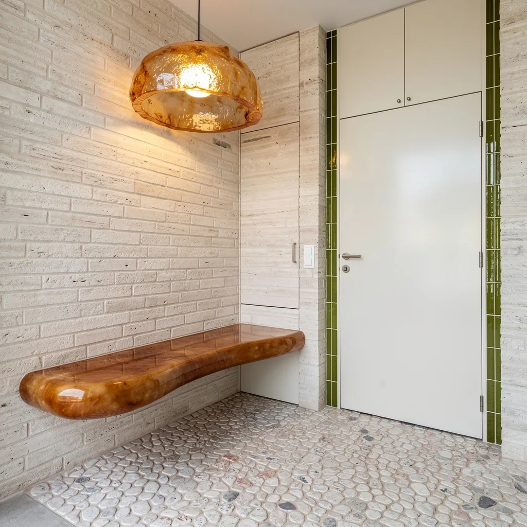 Textural Oasis: Limewashed Brick & Caramel Resin Bench