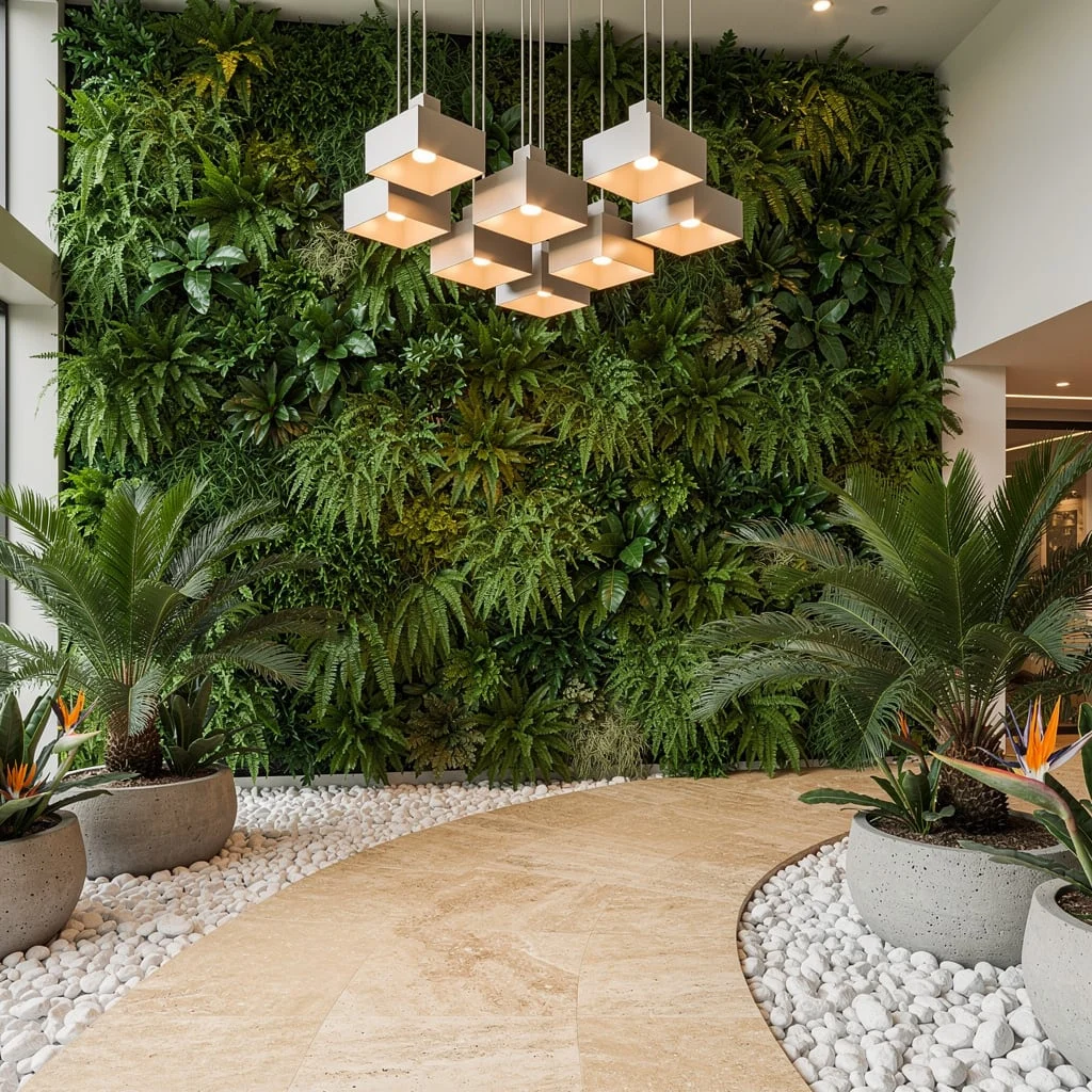 Living Wall Power: Ferns, Travertine, and Why You Need Pendants