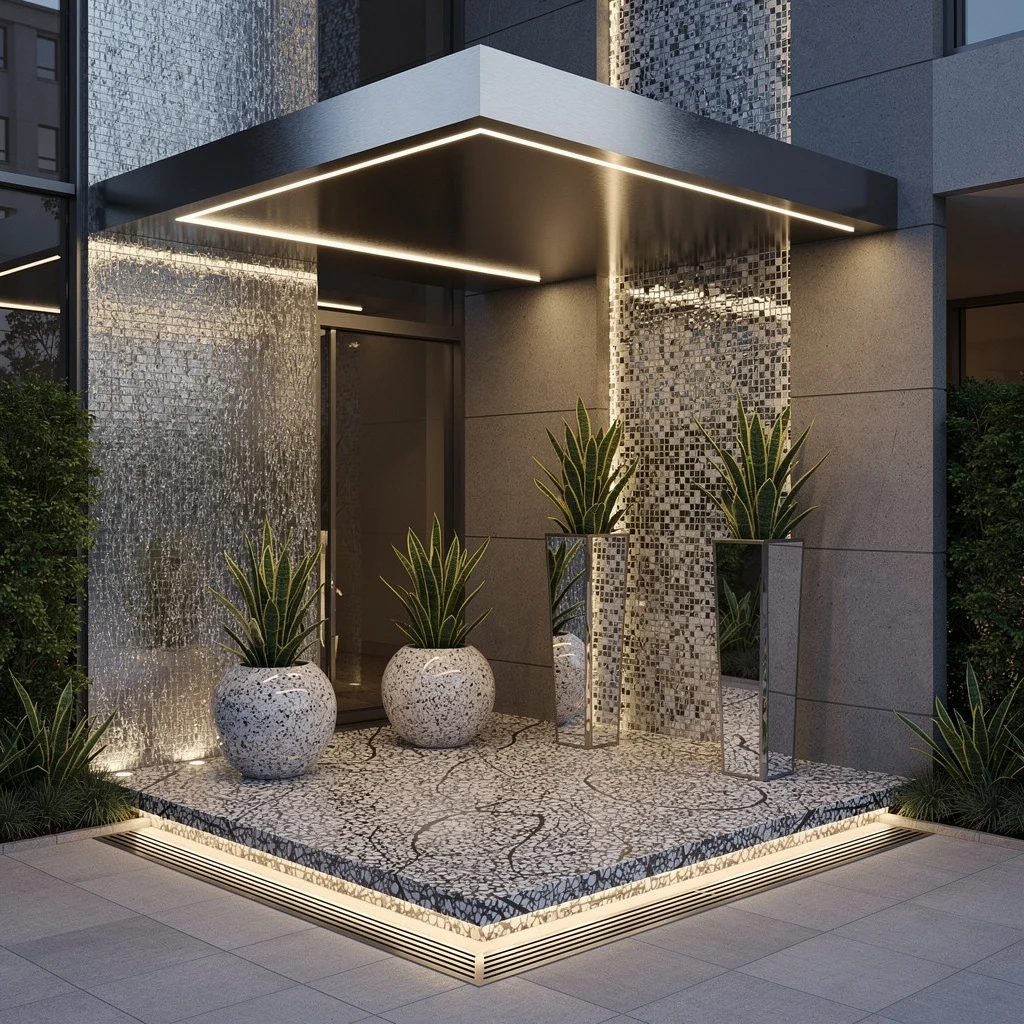 Luxe Urban Edge: Steel Canopy and Terrazzo Drama