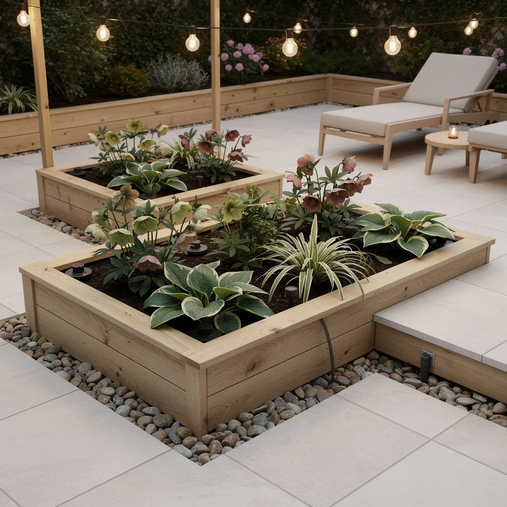 Angular Timber Beds In A Courtyard—No Watering Needed