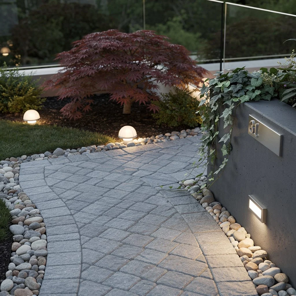 Bluestone Herringbone: Mix Japanese Maples and Glass Fences