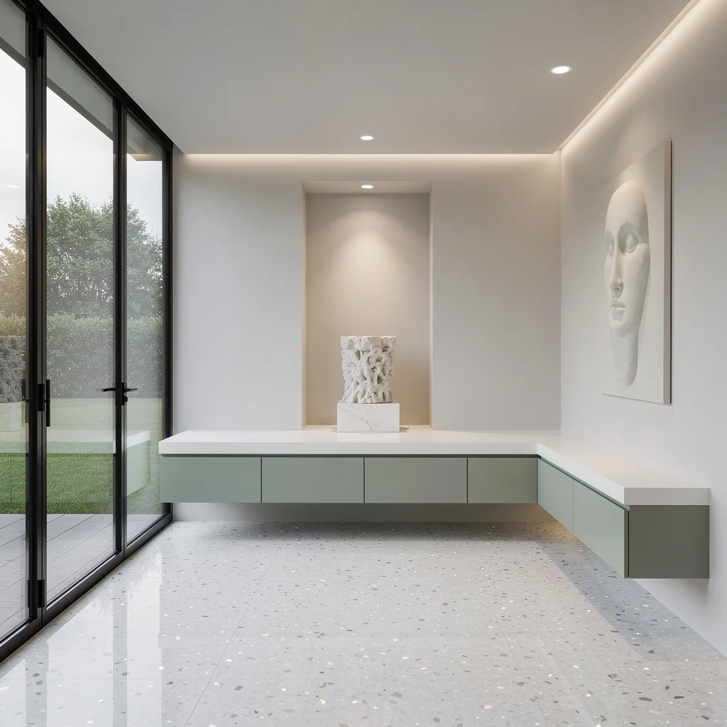 Gallery Vibes: Curtain Wall, Sage Cabinets, & Alabaster Plinth
