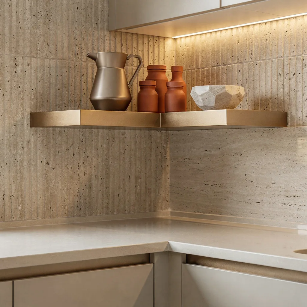 Sculpted Serenity: Champagne Metal, Fluted Stone, and Minimalist Flow