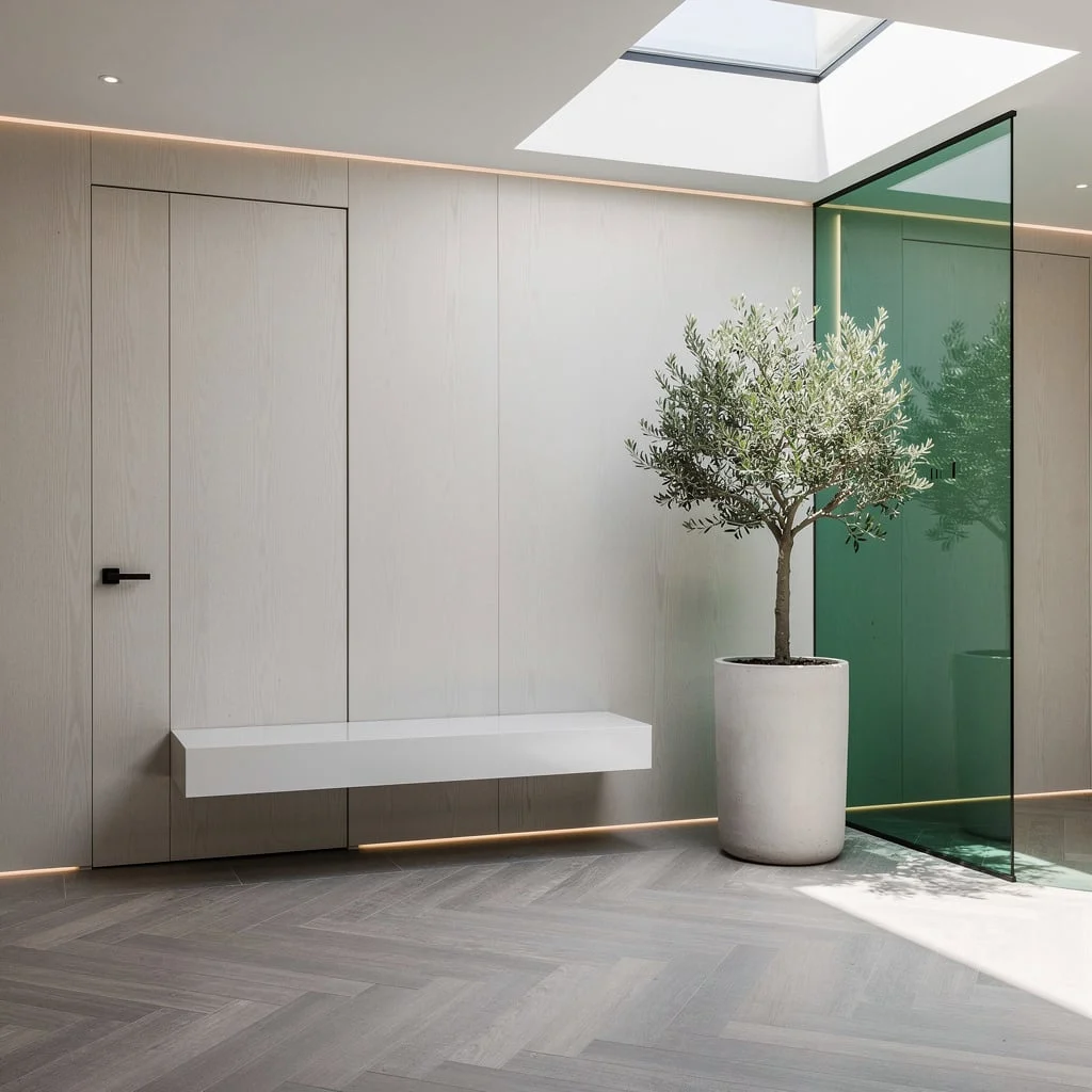 Euro Refinement: Oak Walls & Herringbone Stone Floors