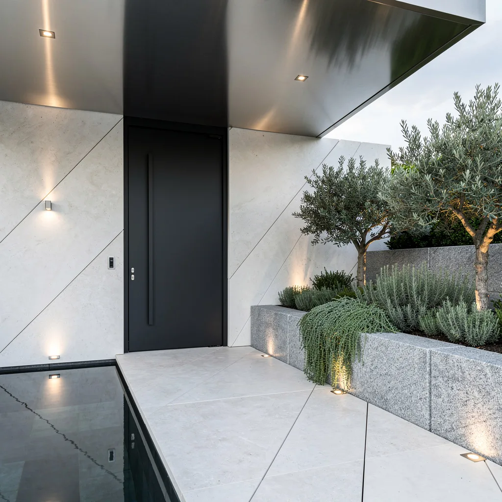 Architectural Drama: Diagonal Limestone & Black Pivot Door Flex