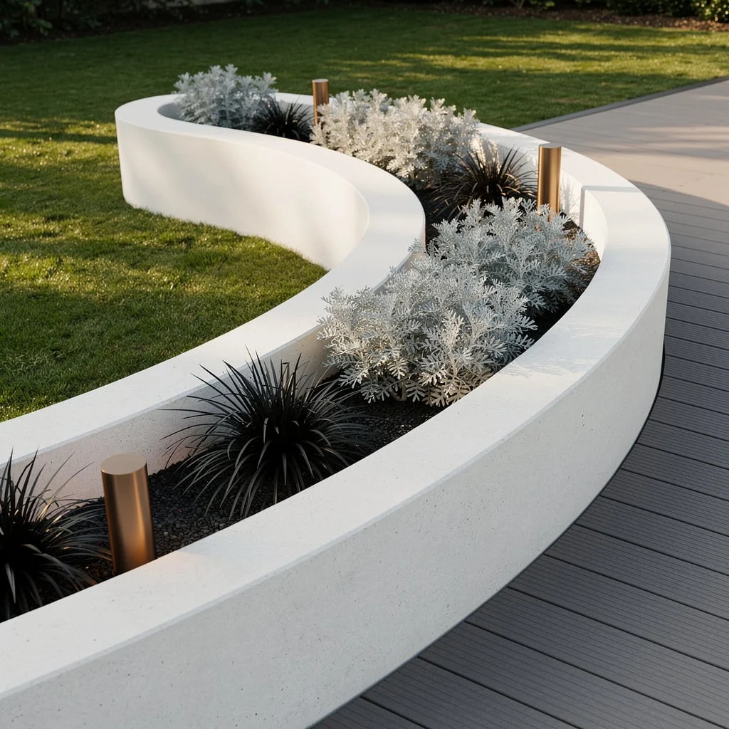Curve Appeal: Off-White Concrete Ribbons with Monochrome Planting