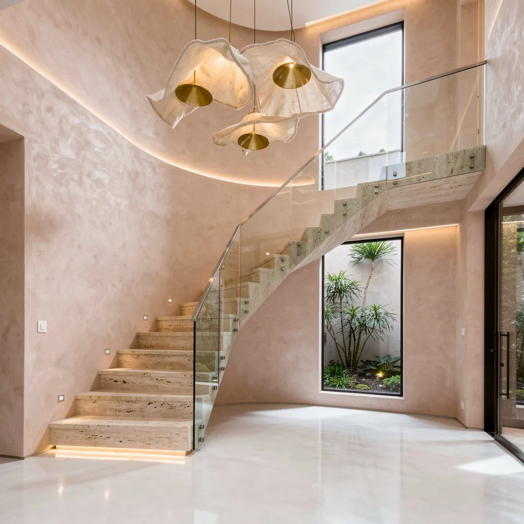 Sculptural Meets Soft: Travertine Treads and Blush Stucco