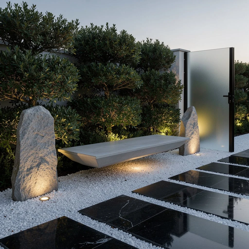 Sculptural Minimal: Quartz Gravel and Floating Benches