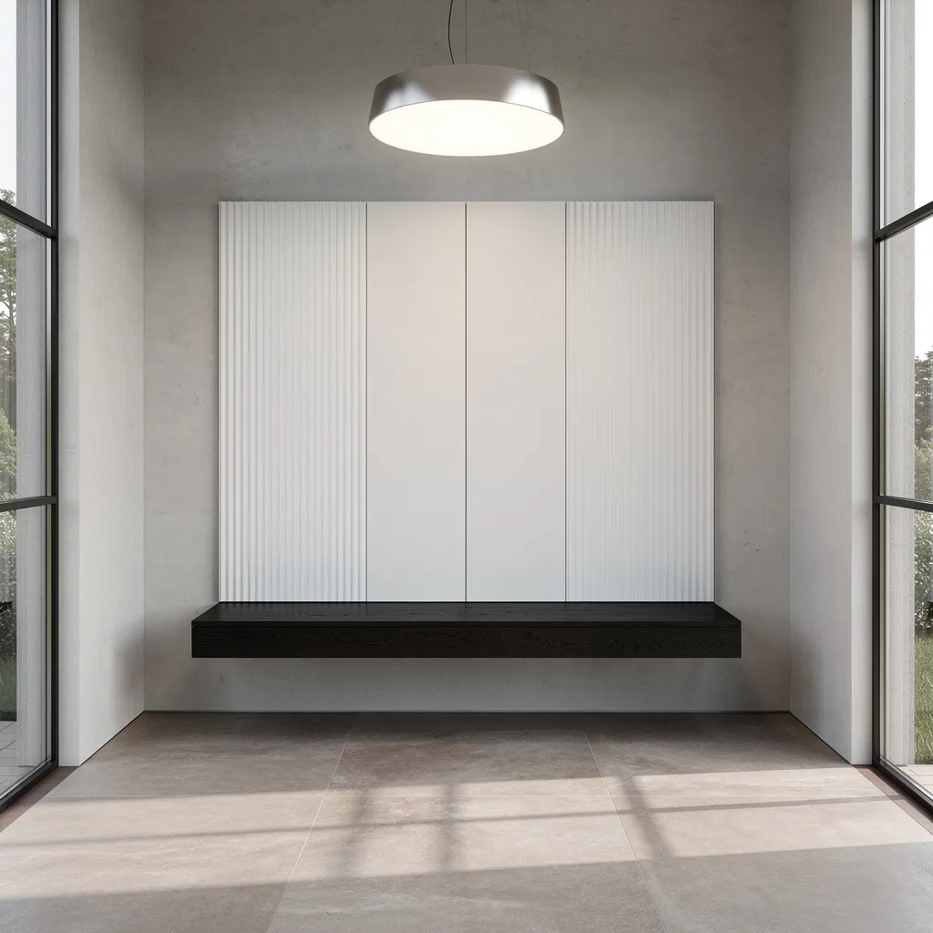 Concrete Cool: Microcement Walls, Matte Ash Bench, Slot Windows