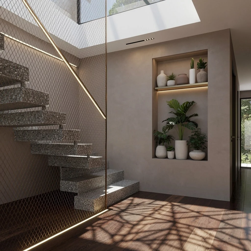 Minimalist Flex: Terrazzo Steps and Mesh Walls