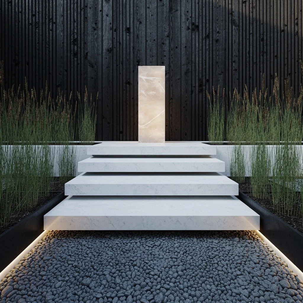 Courtyard Showoff: Floating White Stairs and Vertical Reed Troughs