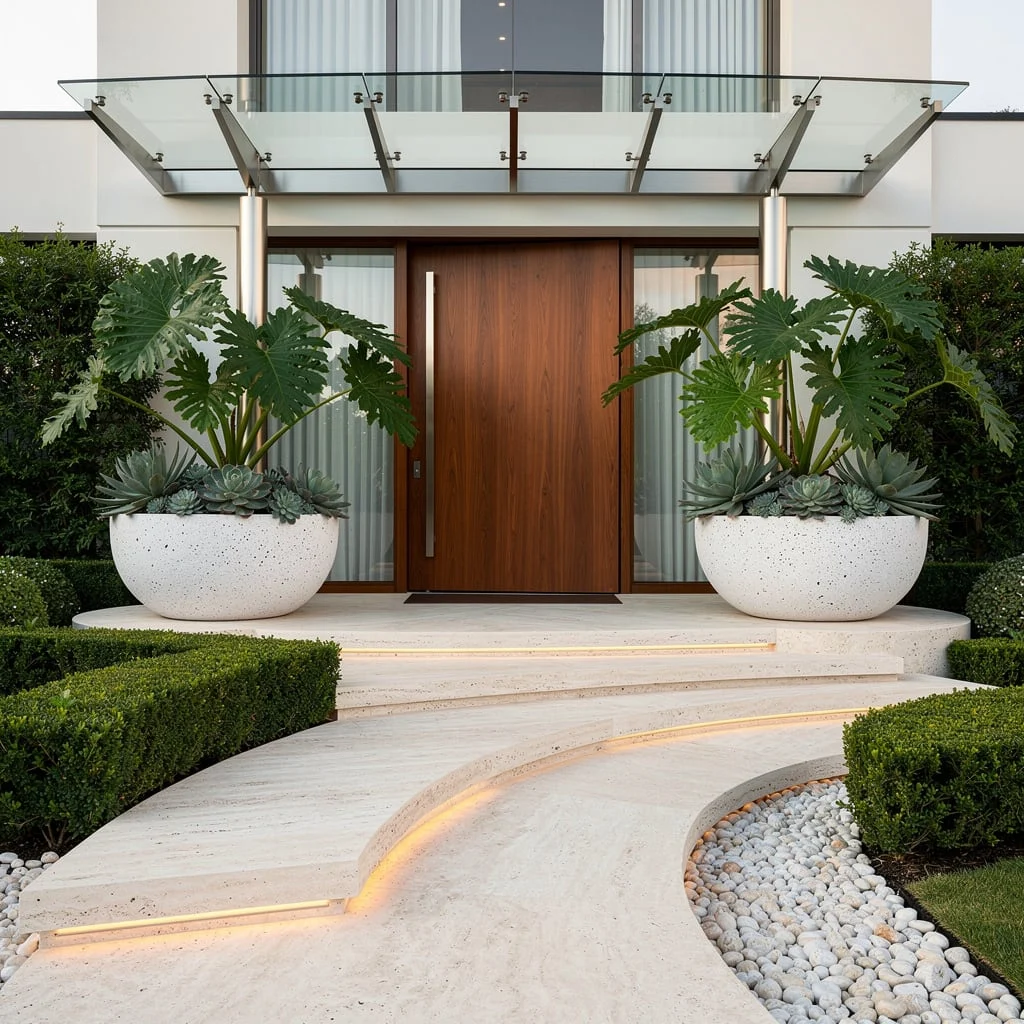 Curvy Travertine & Terrazzo Planters: High-End Entryway That Doesn’t Try (But Totally Does)