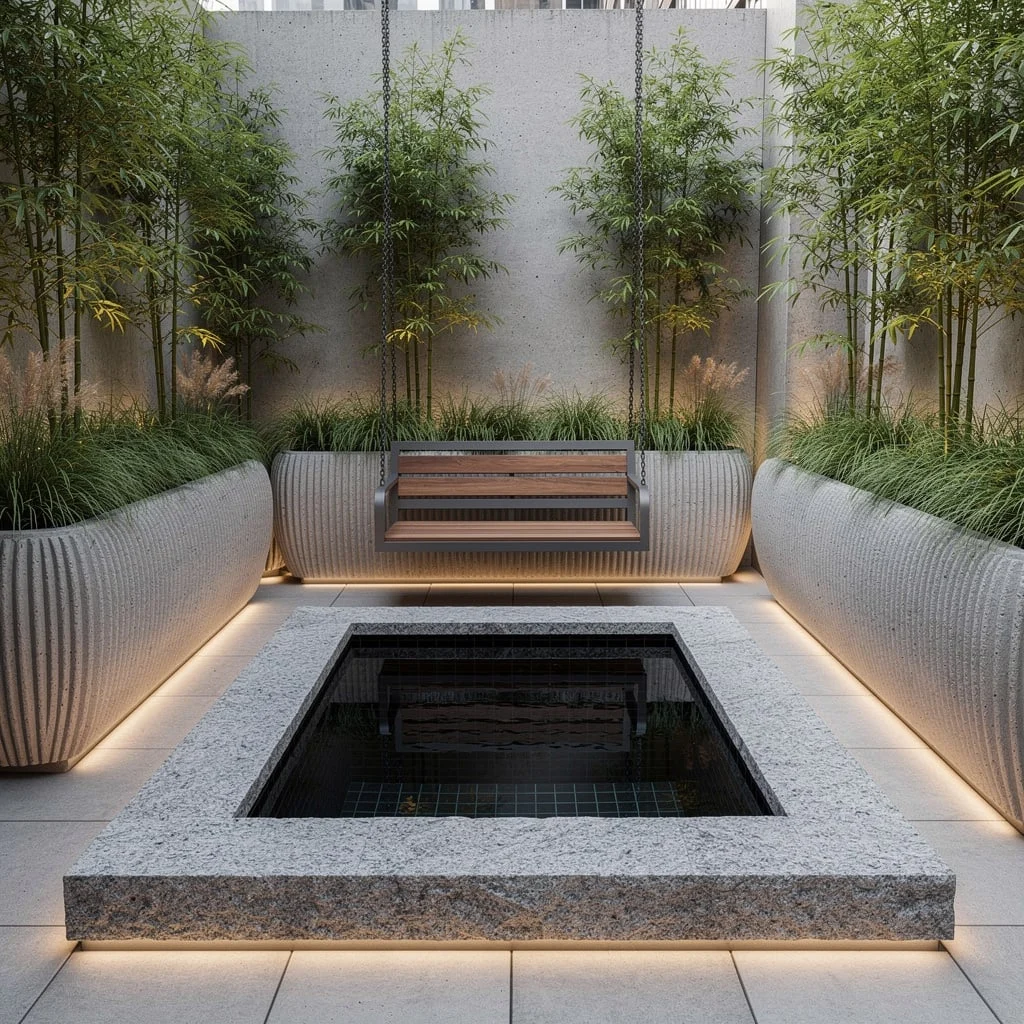 Urban Escape: Black Tile, Granite, and Swinging Seats