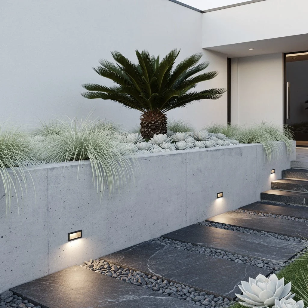 Monolithic Statement: Smooth Walls, Sculptural Palm, and Pebble Bands
