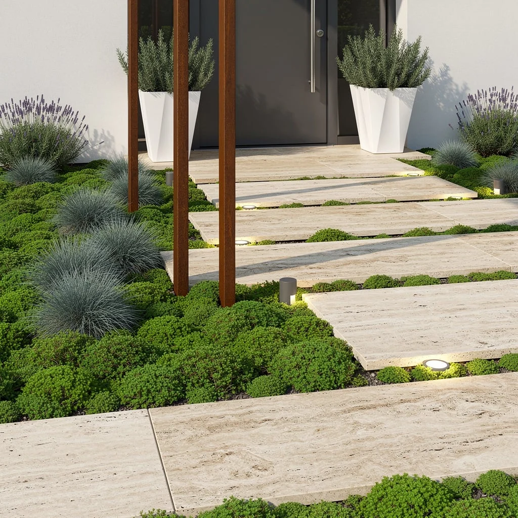 Travertine Transition: Moss Groundcover and Corten Columns