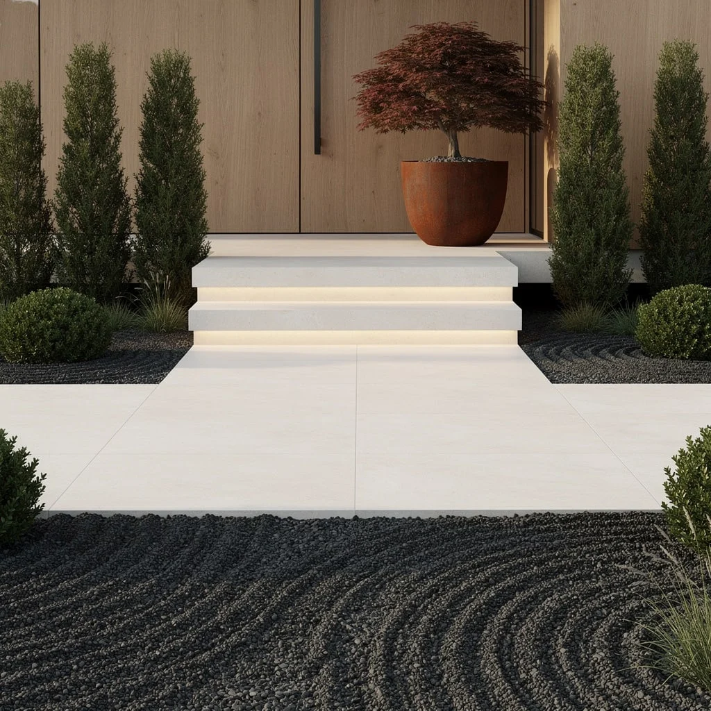 Sculptural Patio Flex: Porcelain, Pebbles, and One Epic Maple