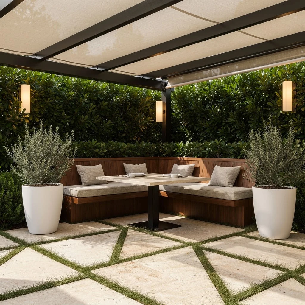 Outdoor Dining FTW: Travertine, Pergolas, and Culinary Plants