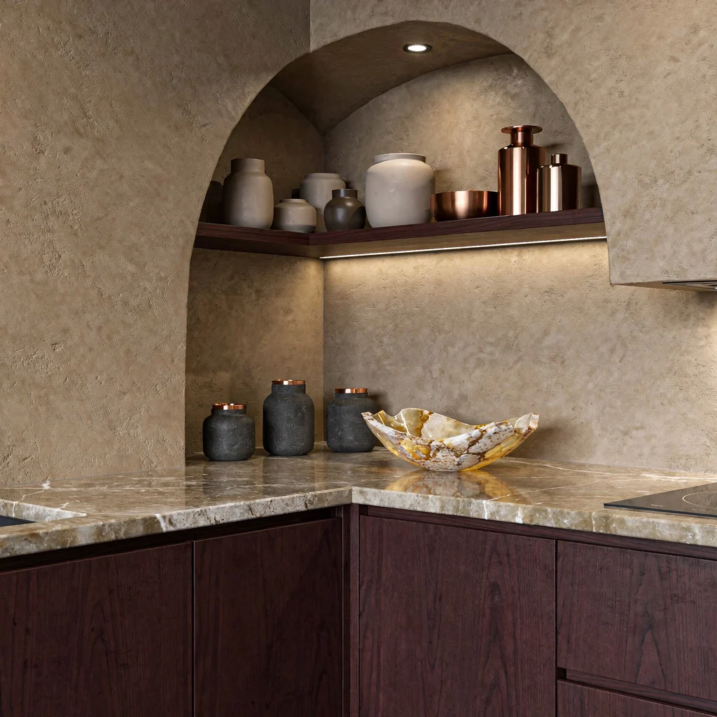Richly Layered: Burgundy, Marble, and Microcement for Grown-Ups