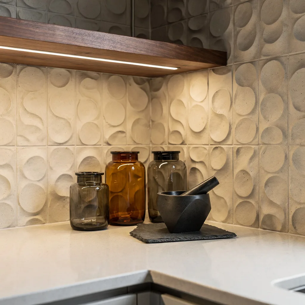 Texture Layering: Walnut, Sculpted Tile, & Artisanal Glass