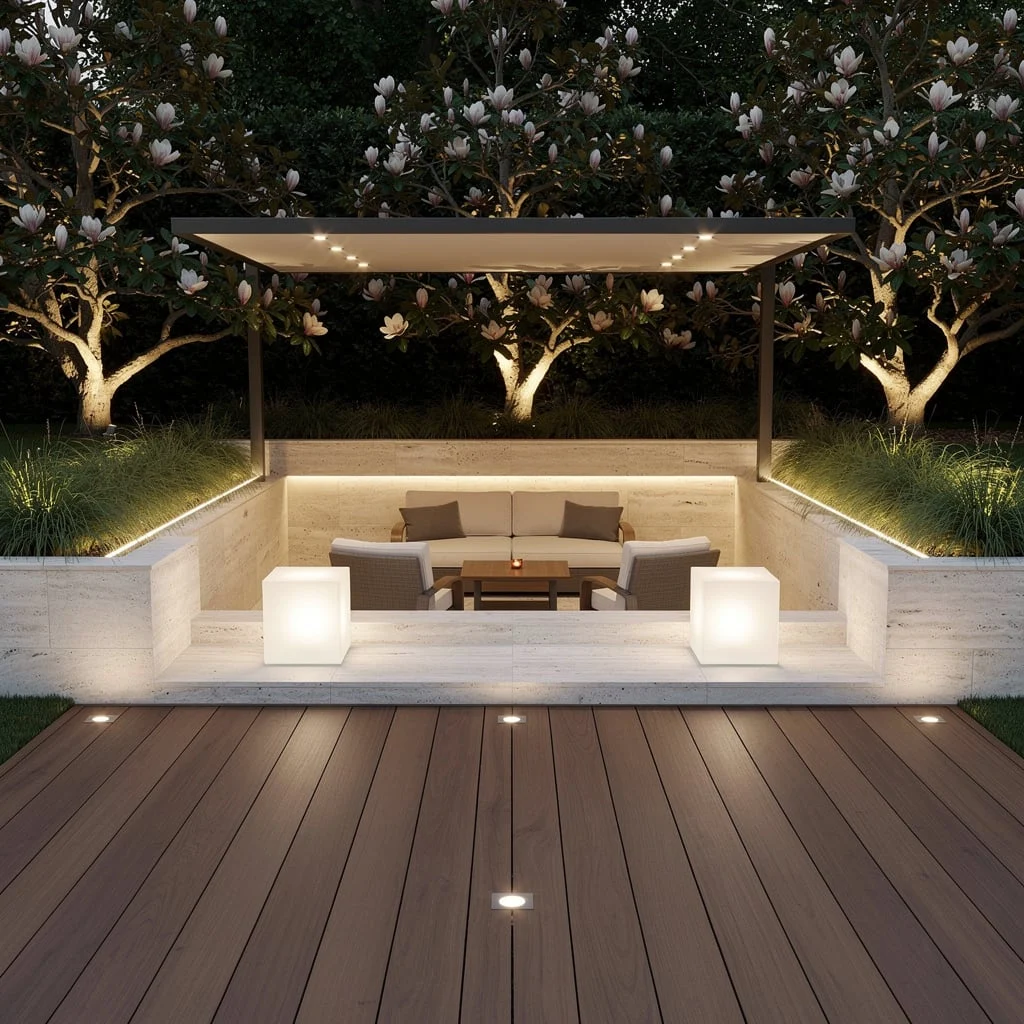 Floating Light Pillars & Magnolias: The Boutique Patio Hack