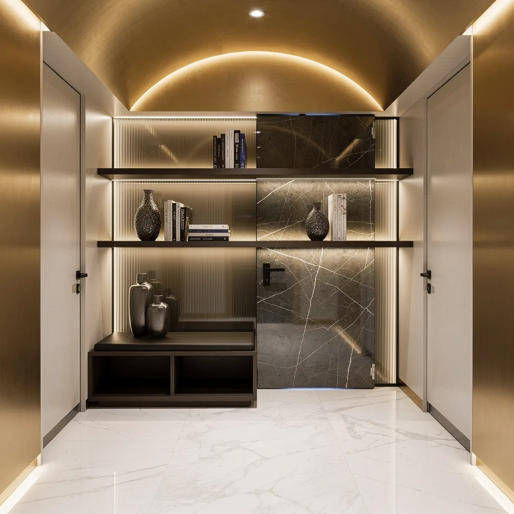 Compact Luxe: Arched Brass Ceilings & Marble Everywhere