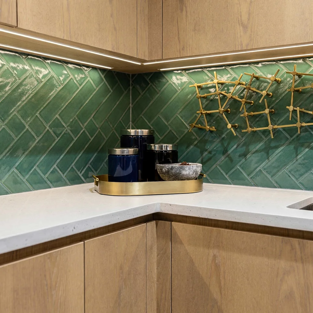 Modern Mosaic: Concrete, Oak, and Emerald Accents
