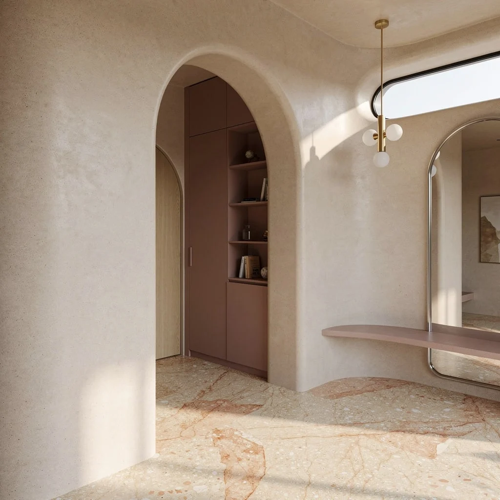 Organic Flow: Curves, Rose Cabinets & Gold Orbitals